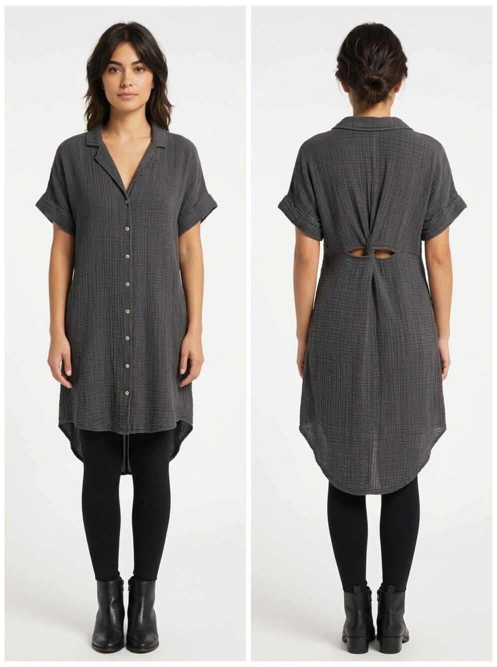 Anthropologie Gray Textured Short Sleeve Shirt Dress Women Petite Size MP